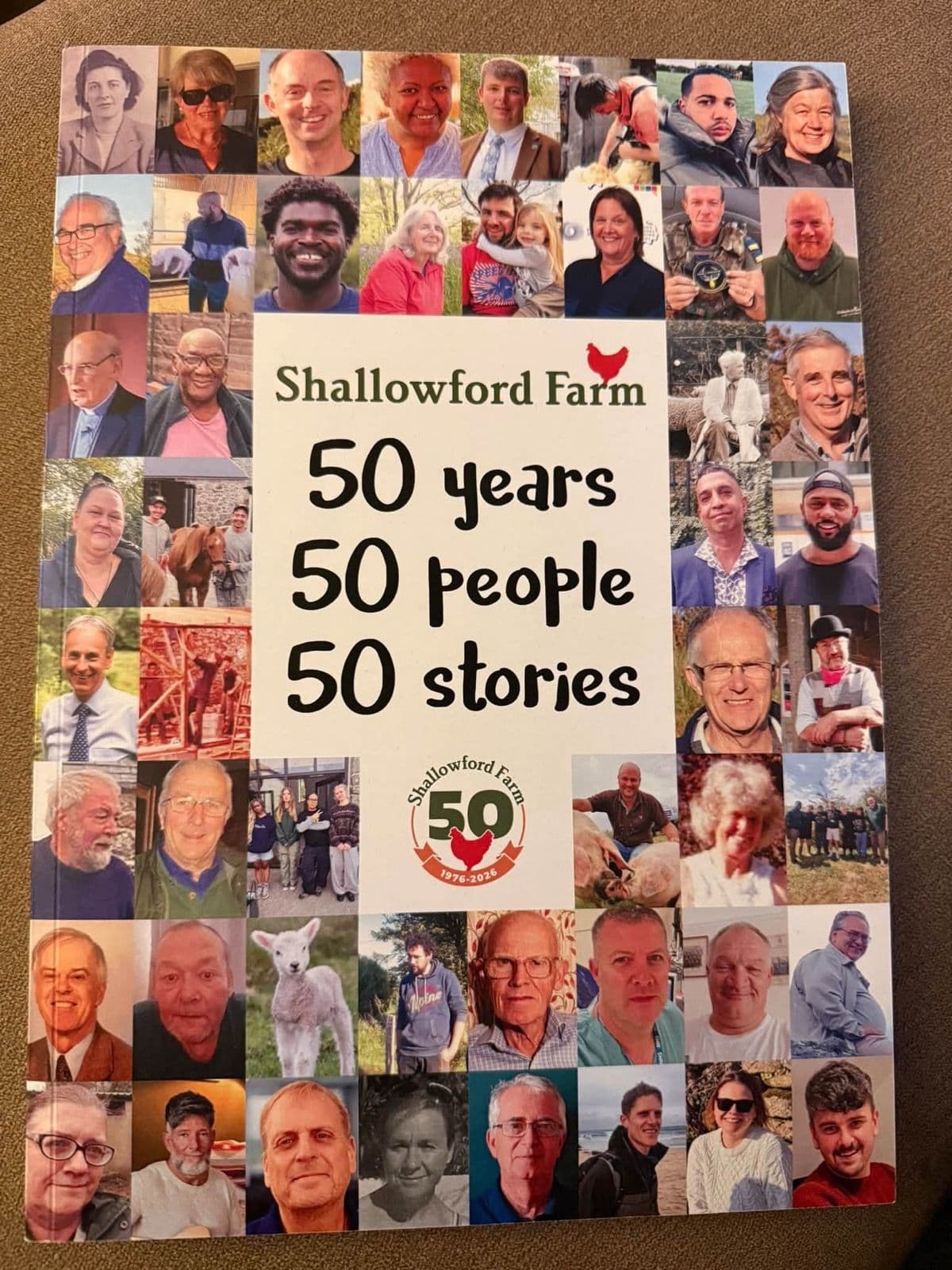 The cover of Shallowford Farm's book 50 Years, 50 People, 50 Stories, a mosaic of portraits around the title and the farm's 1976 to 2026 anniversary badge